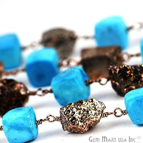 Turquoise With Black Pyrite Nugget 6-7mm Oxidized Wire Wrapped Beads Rosary Chain (763886927919)
