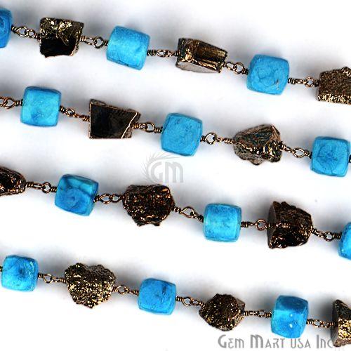 Turquoise With Black Pyrite Nugget 6-7mm Oxidized Wire Wrapped Beads Rosary Chain (763886927919)