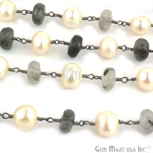 Rutilated With Pearl 8-9mm Beads Oxidized Wire Wrapped Rosary Chain (763888173103)