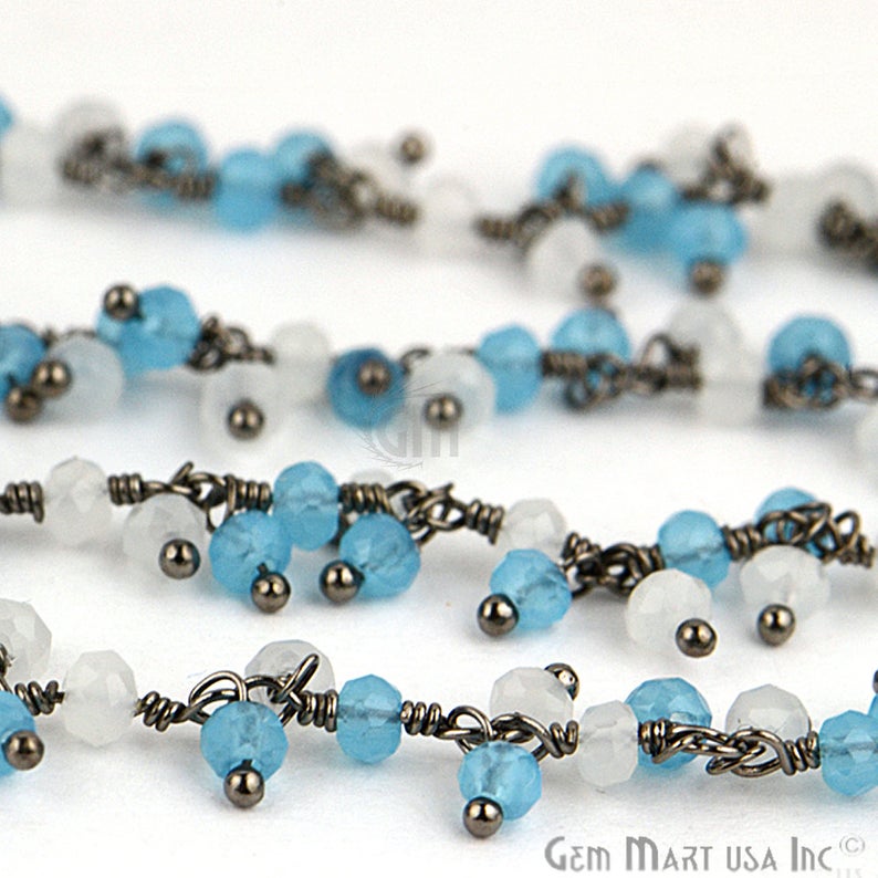 White & Blue Chalcedony Beads 2.5-3mm Oxidized Wire Wrapped Cluster Rosary Chain - GemMartUSA