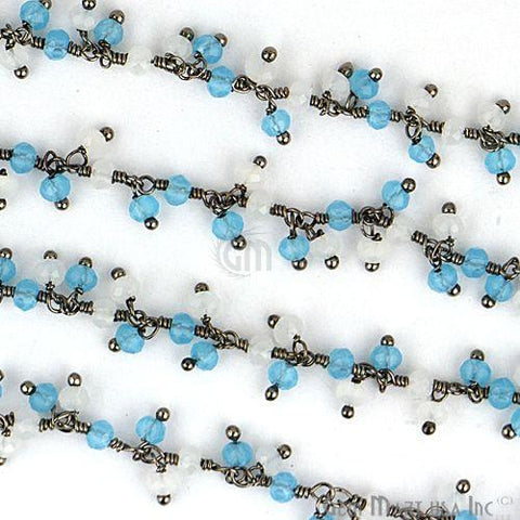White & Blue Chalcedony Beads 2.5-3mm Oxidized Wire Wrapped Cluster Rosary Chain