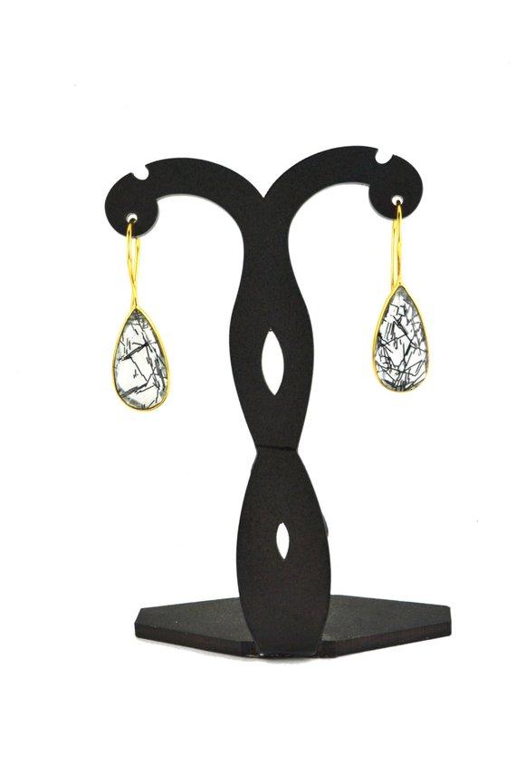 Gold Plated Pears 11x37mm Gemstone Dangle Hook Earring 1Pair (Pick Your Stone) - GemMartUSA