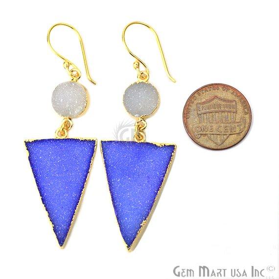 Blue & White Druzy Dangle Earring Gold Electroplated Druzy Gemstone Hook Earring (BWER-90133) - GemMartUSA