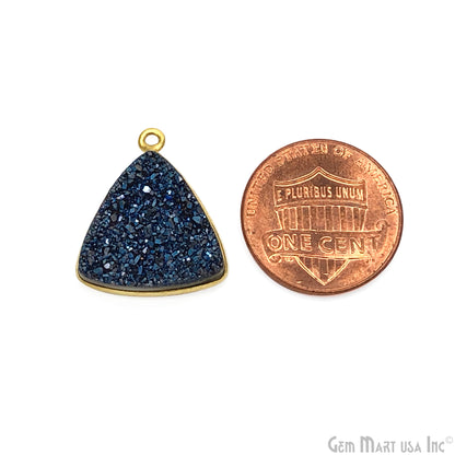 Natural Blue Druzy, Bezel Trillion Shape Connector, 16mm Trillion 24k gold Plated, Single Bail