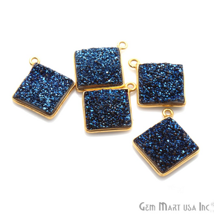 Blue Titanium Druzy 12mm Square Single Bail Gold Bezel Gemstone Connector