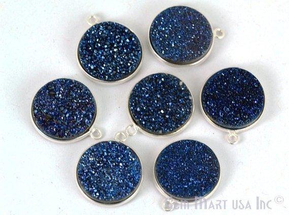 Natural Titanium Druzy 16mm Round Single Bail Silver Gemstone Connector