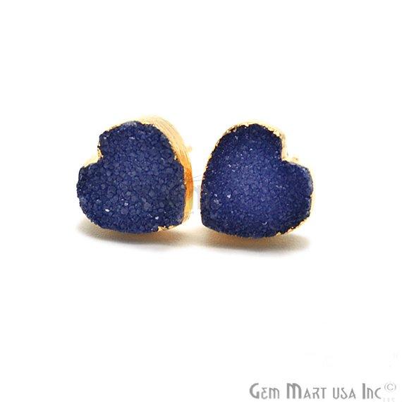 Druzy 10mm Heart Gold Edged Stud Earring 1 Pair (Pick Your Color) - GemMartUSA