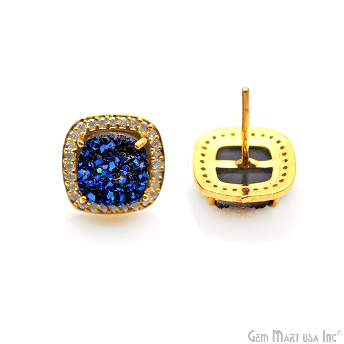 Square Shape 8mm Gold Plated Cubic Zircon Druzy Stud Earrings (Pick your Gemstone) (90032-1)