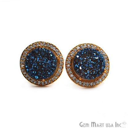 CZ Pave Round 10mm Gold Plated Druzy Gemstone Stud Earring Choose Your Gemstone - GemMartUSA