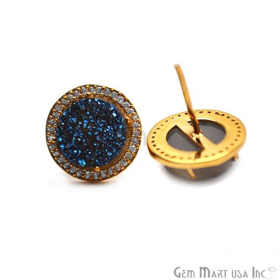 CZ Pave Round 10mm Gold Plated Druzy Gemstone Stud Earring Choose Your Gemstone - GemMartUSA