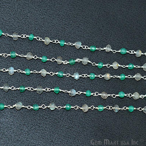 Green Onyx & Labradorite 3-3.5mm Beads Silver Wire Wrapped Rosary Chain