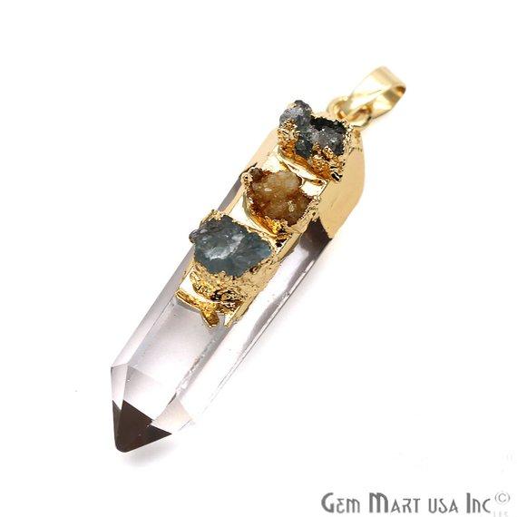 Crystal Pendant, Three Stone Multi Necklace, Gemstone Gold Pendant, Raw Gemstone, (CHPR-50032) - GemMartUSA