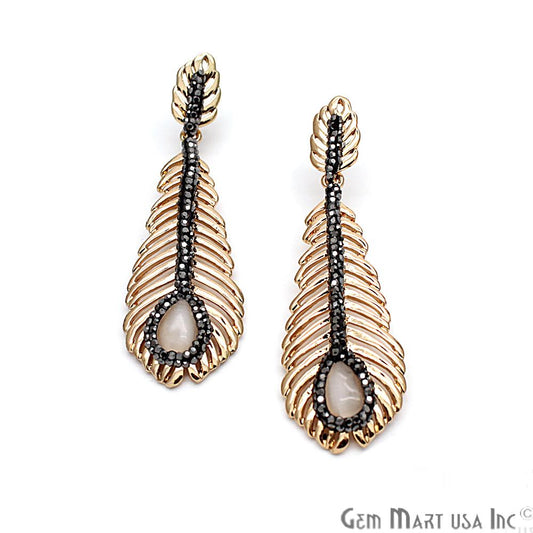 CZ Feather Monalisa Earring, Gold Plated, Dangle Earrings, Cubic Zircon Earrings (CHPR-50100) - GemMartUSA