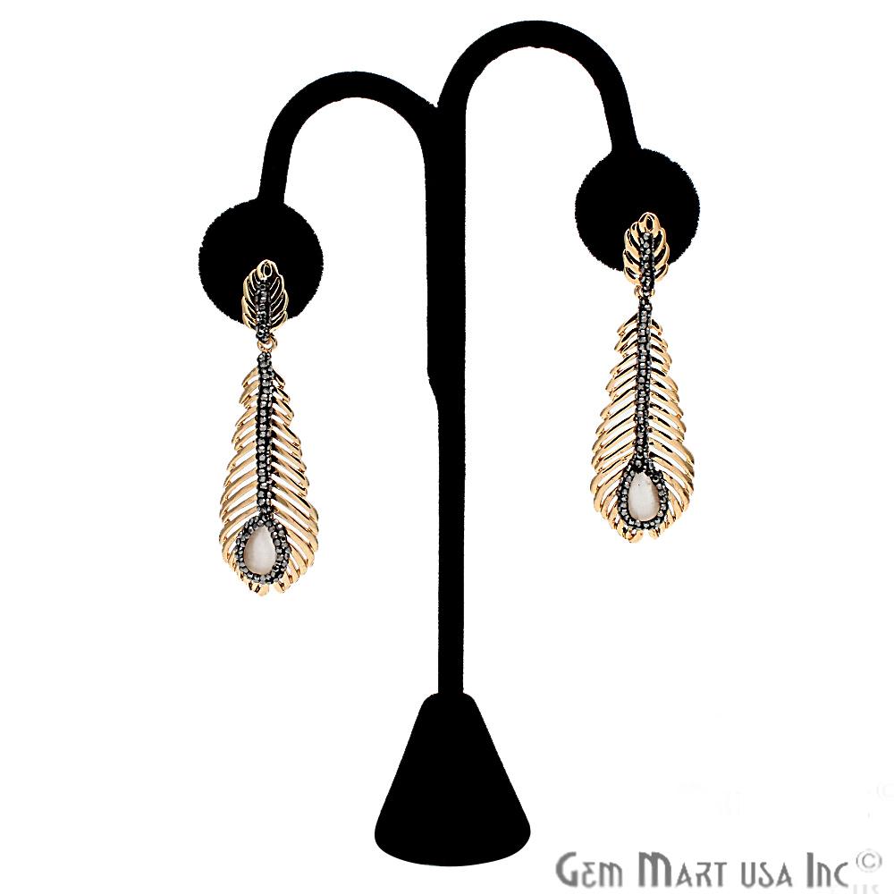 CZ Feather Monalisa Earring, Gold Plated, Dangle Earrings, Cubic Zircon Earrings (CHPR-50100) - GemMartUSA