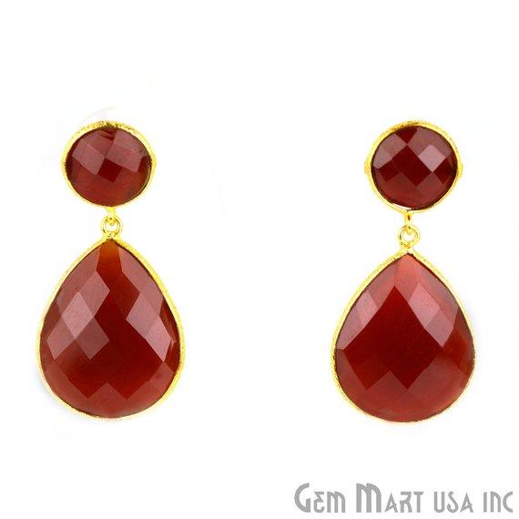 Pear and Round Shape 21x46mm Gold Plated Gemstone Dangle Studs (Pick your Gemstone) (90014-1) - GemMartUSA