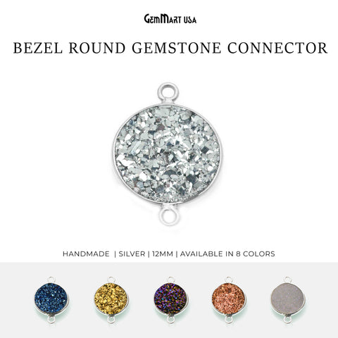 Natural Titanium Silver Druzy 12mm Round Double Bail Bezel Gemstone Connector