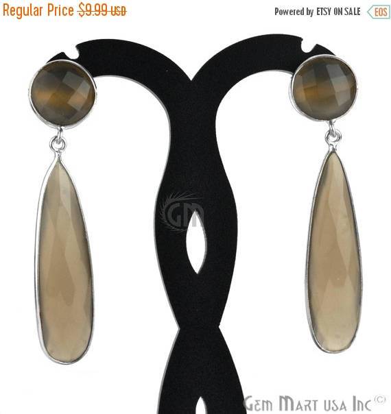 Pear and Round Shape 43x28mm Silver Plated Gemstone Dangle Studs (Pick your Gemstone) (90012-1) - GemMartUSA