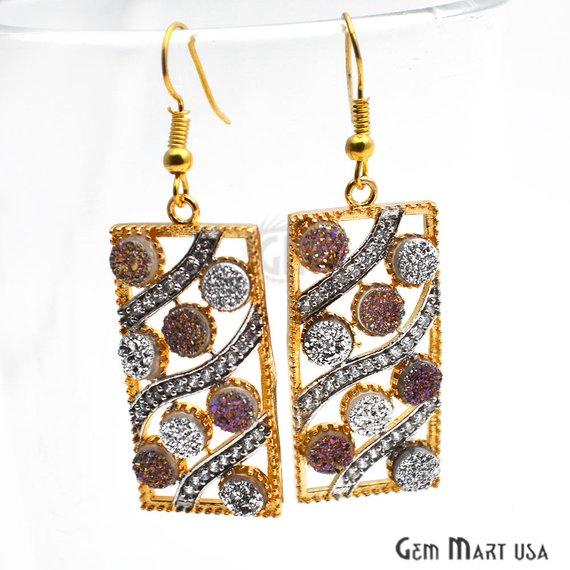 Druzy Earrings, Cubic Zirconia Pave Dangle Earrings, Gold Plated Hook Earrings, Choose Your Style - GemMartUSA