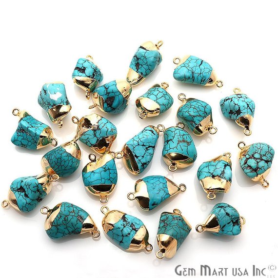 Rough Turquoise Tumbled Double Bail Gold Electroplated Connector - GemMartUSA