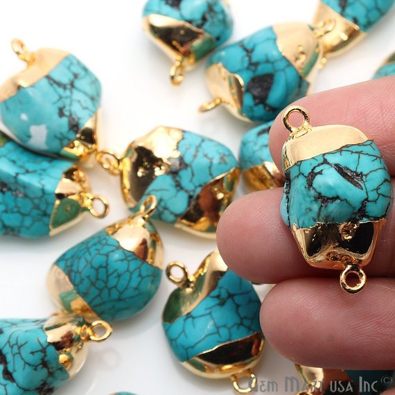 Rough Turquoise Tumbled Double Bail Gold Electroplated Connector - GemMartUSA
