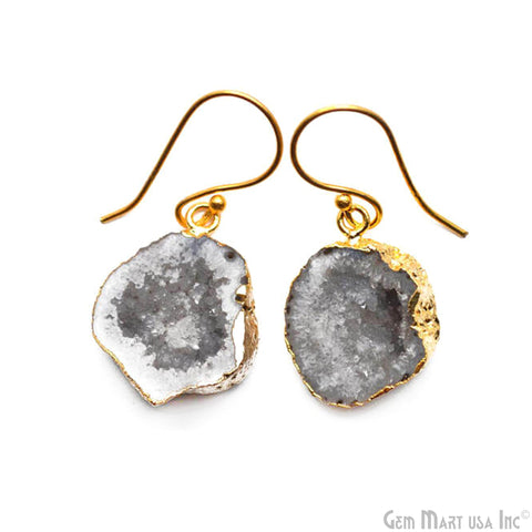 Geode Druzy Gemstone Gold Edge Dangle Hook Earrings