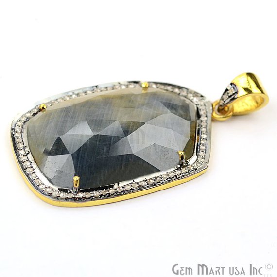 Diamonds Wonder Sapphire 38x23mm Gold Vermeil Over Sterling Silver Pendant - GemMartUSA