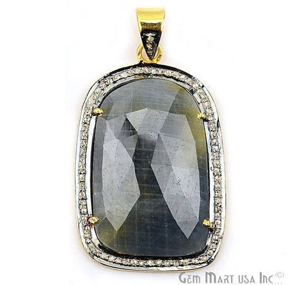 Diamonds Wonder Sapphire 36X23mm Gold Vermeil Over Sterling Silver Pendant - GemMartUSA