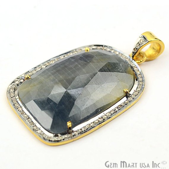 Diamonds Wonder Sapphire 36X23mm Gold Vermeil Over Sterling Silver Pendant - GemMartUSA