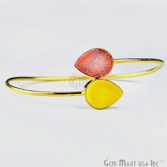 Double Druzy Gemstone Gold Plated Adjustable Bangle Bracelets (Pick Color) - GemMartUSA (744901869615)