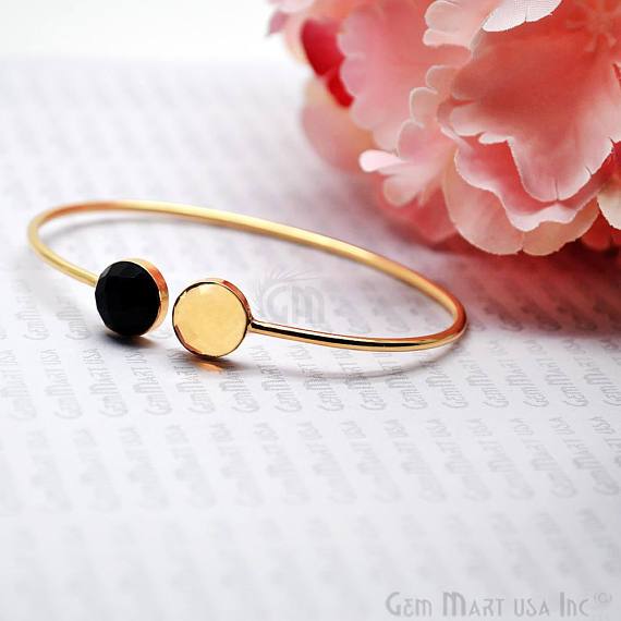 Gold Plated Round Shape 10mm Gemstone Adjustable Bangle Bracelets (Pick your Gemstone) - GemMartUSA