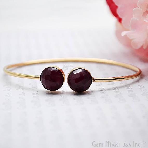 Gold Plated Round Shape 10mm Gemstone Adjustable Bangle Bracelets (Pick your Gemstone) - GemMartUSA