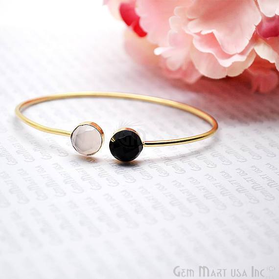 Gold Plated Round Shape 10mm Gemstone Adjustable Bangle Bracelets (Pick your Gemstone) - GemMartUSA