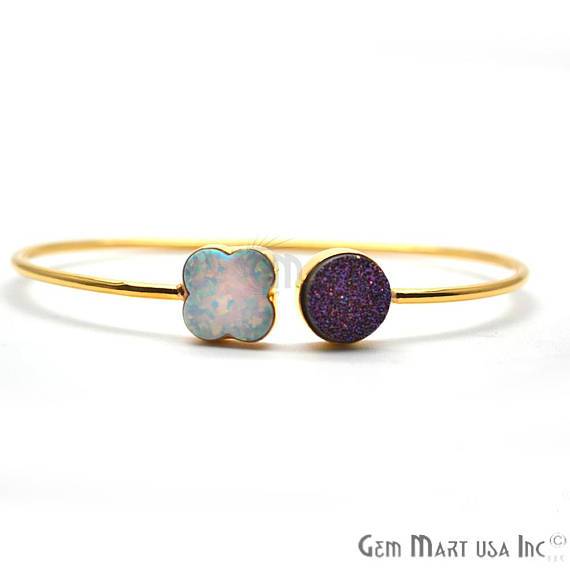 Opal & Purple Druzy Clover & Round Adjustable Gold Plated Stacking Bangle Bracelet - GemMartUSA