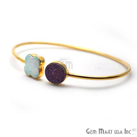 Opal & Purple Druzy Clover & Round Adjustable Gold Plated Stacking Bangle Bracelet - GemMartUSA