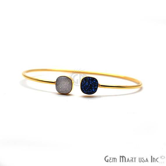 White & Blue Druzy Cushion Shape Adjustable Gold Plated Stacking Bangle Bracelet - GemMartUSA