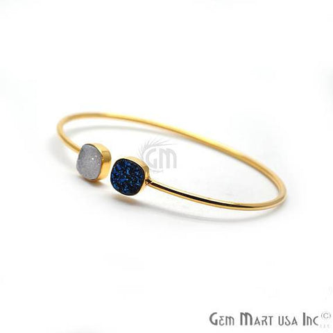 White & Blue Druzy Cushion Shape Adjustable Gold Plated Stacking Bangle Bracelet - GemMartUSA