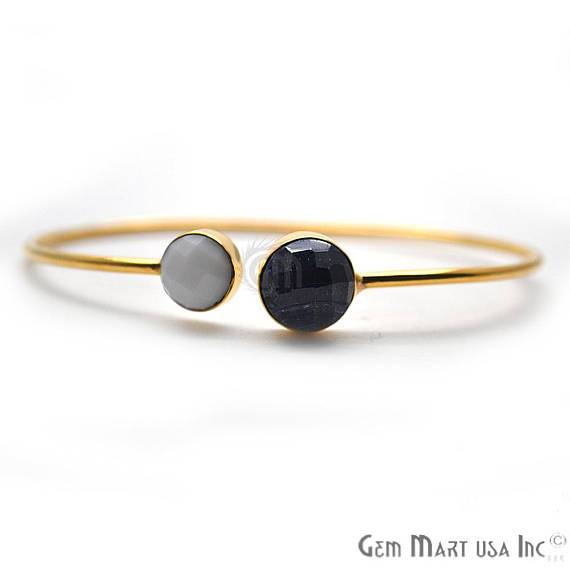 White Agate & Sapphire Gemstone Round Shape Adjustable Gold Plated Bangle Bracelet - GemMartUSA