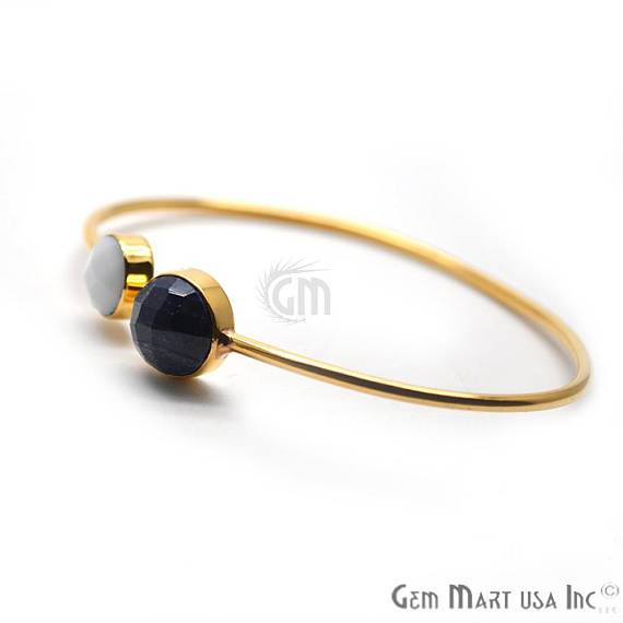White Agate & Sapphire Gemstone Round Shape Adjustable Gold Plated Bangle Bracelet - GemMartUSA