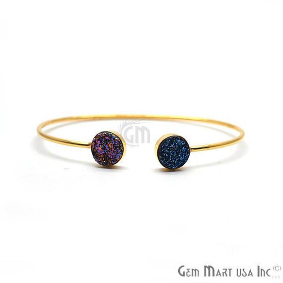 Purple & Blue Druzy Round Shape Adjustable Gold Plated Stacking Bangle Bracelet - GemMartUSA