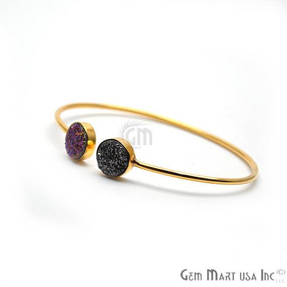 Purple & Platinum Druzy Round Shape Adjustable Gold Plated Stacking Bangle Bracelet - GemMartUSA