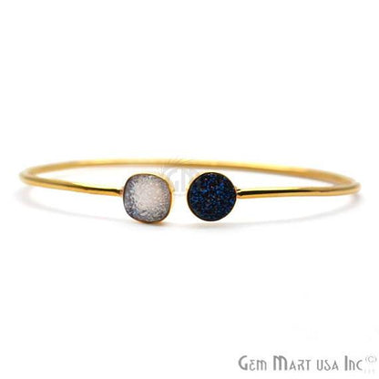 White & Blue Druzy Round & Cushion Shape Adjustable Gold Plated Bangle Bracelet - GemMartUSA