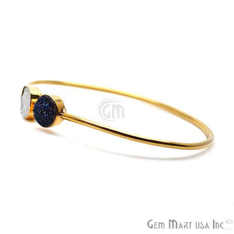 White & Blue Druzy Round & Cushion Shape Adjustable Gold Plated Bangle Bracelet - GemMartUSA