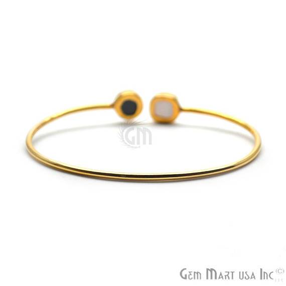 White & Blue Druzy Round & Cushion Shape Adjustable Gold Plated Bangle Bracelet - GemMartUSA