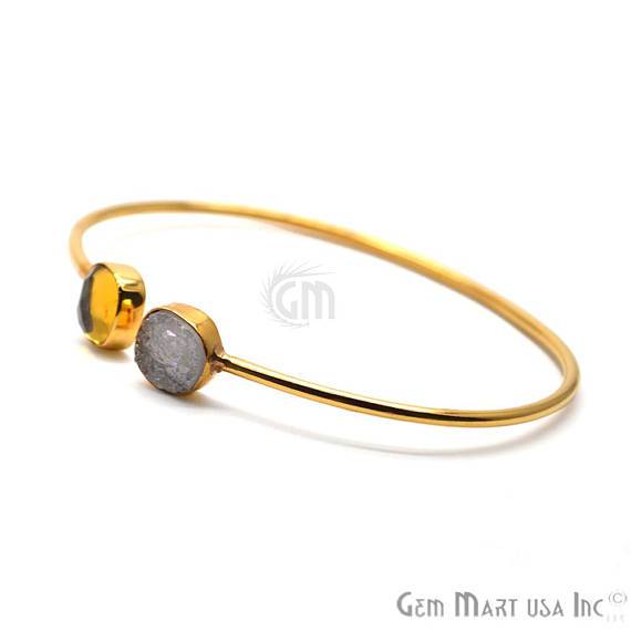 Citrine & White Druzy Cushion Shape Adjustable Gold Plated Stacking Bangle Bracelet - GemMartUSA