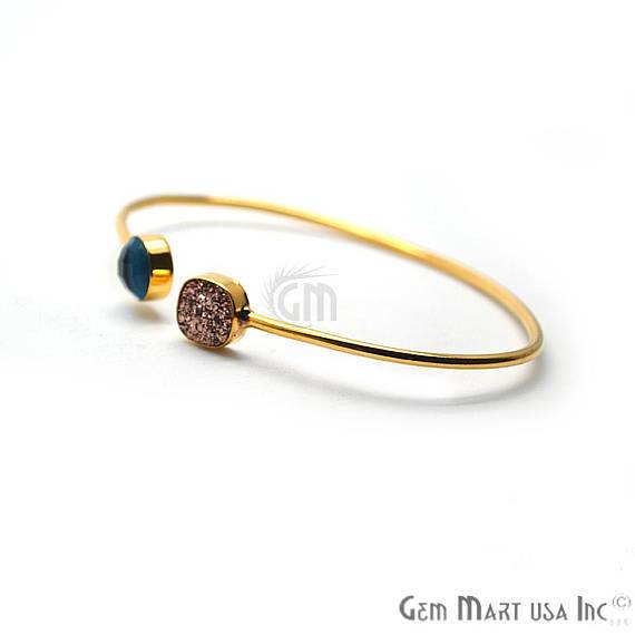 Blue Topaz & Rose Gold Druzy Round & Cushion Shape Gold Plated Stacking Bangle Bracelet - GemMartUSA