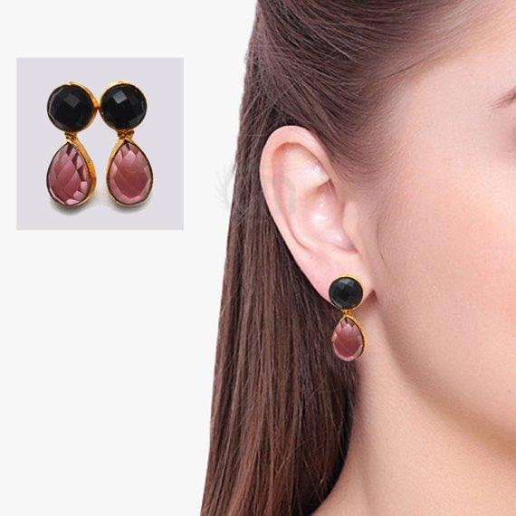 Round & Pears Shape 25x10mm Gold Plated Gemstone Dangle Post Earring Choose Your Style (GDER-5) - GemMartUSA