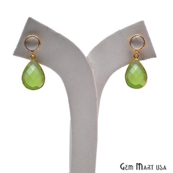 White Chalcedony & Green Chalcedony 31x13mm Gold Plated Gemstone Dangle Stud Earrings (GDER-90021) - GemMartUSA