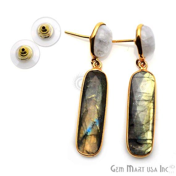 Rectangle & Round Shape 46x10mm Gold Plated Gemstone Dangle Stud Earring Choose Your Style (GDER-3) - GemMartUSA