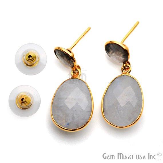 Gold Plated Round & Oval 30x13mm Gemstone Dangle Stud Earring 1Pair (Pick Your Stone) - GemMartUSA