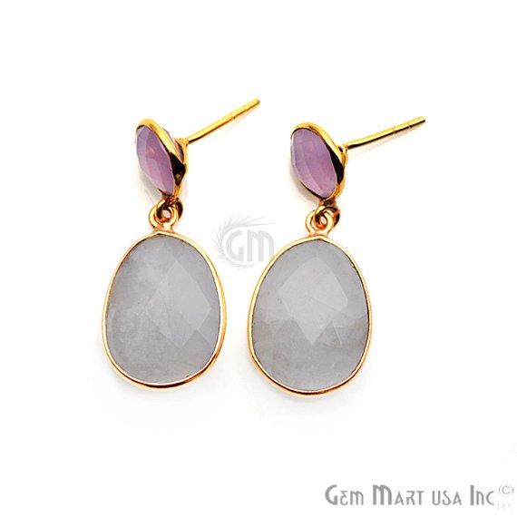 Gold Plated Round & Oval 30x13mm Gemstone Dangle Stud Earring 1Pair (Pick Your Stone) - GemMartUSA